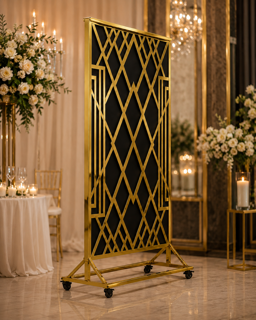 Premium Gold Banquet Divider Separator Panel with Black Fabric Backdrop
