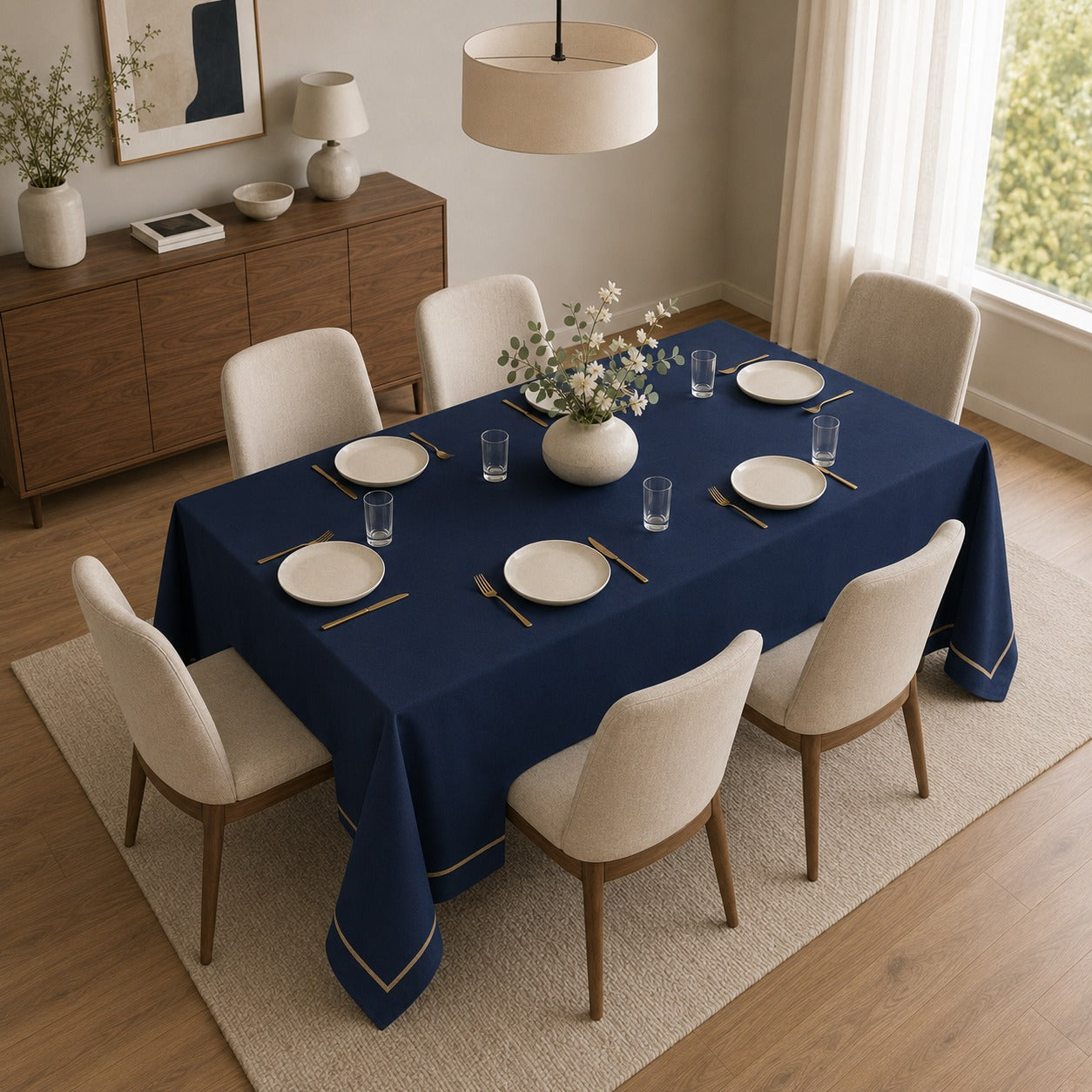 Navy Border Rectangular Table Linen
