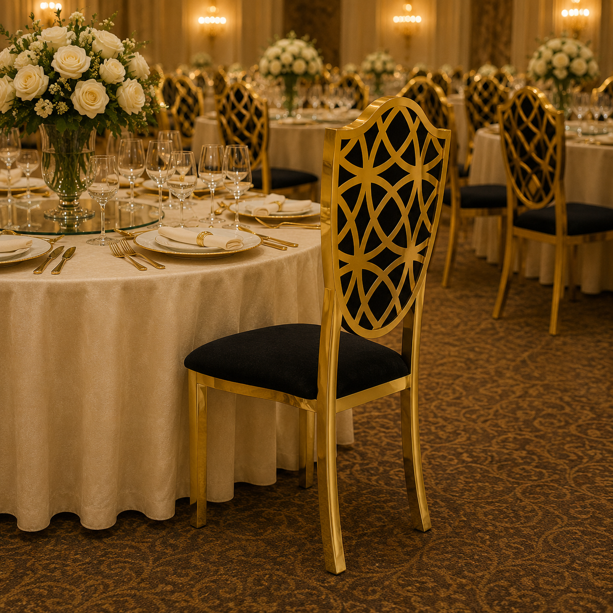 Sheild Pattern Stainless Steel Banquet Chair