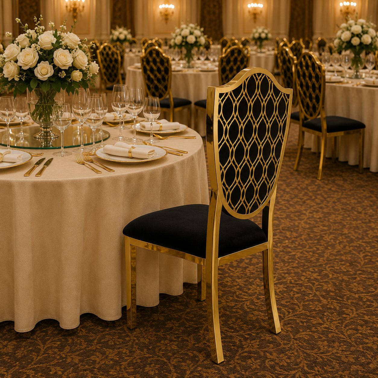 Sheild Pattern Stainless Steel Banquet Chair