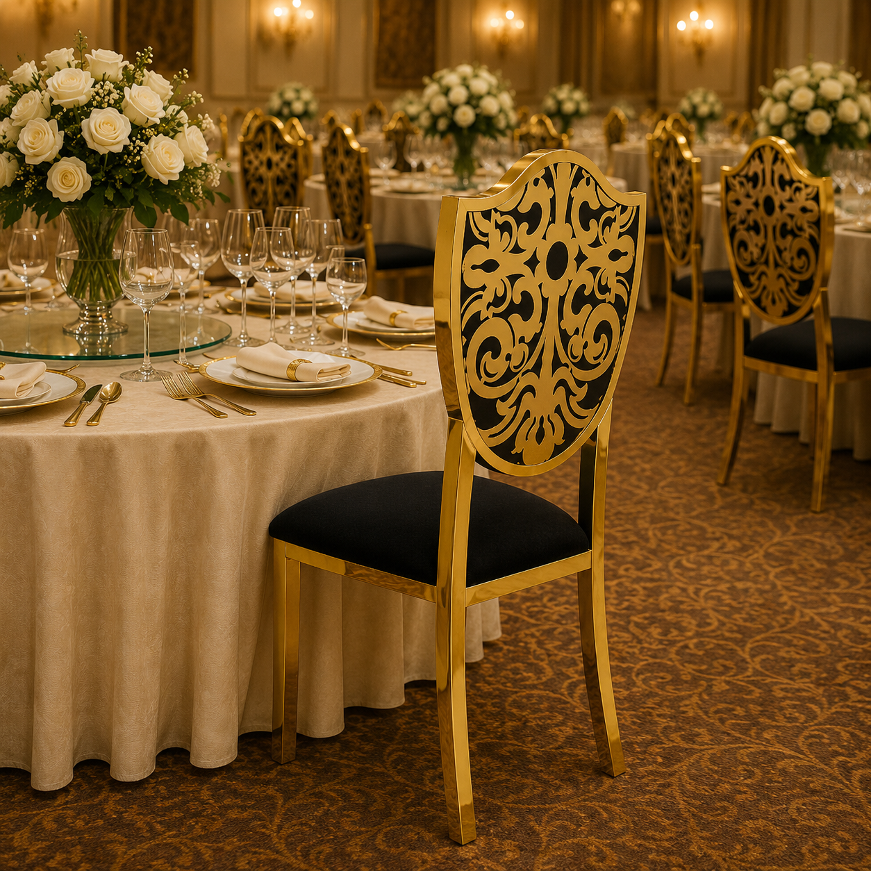 Sheild Pattern Stainless Steel Banquet Chair
