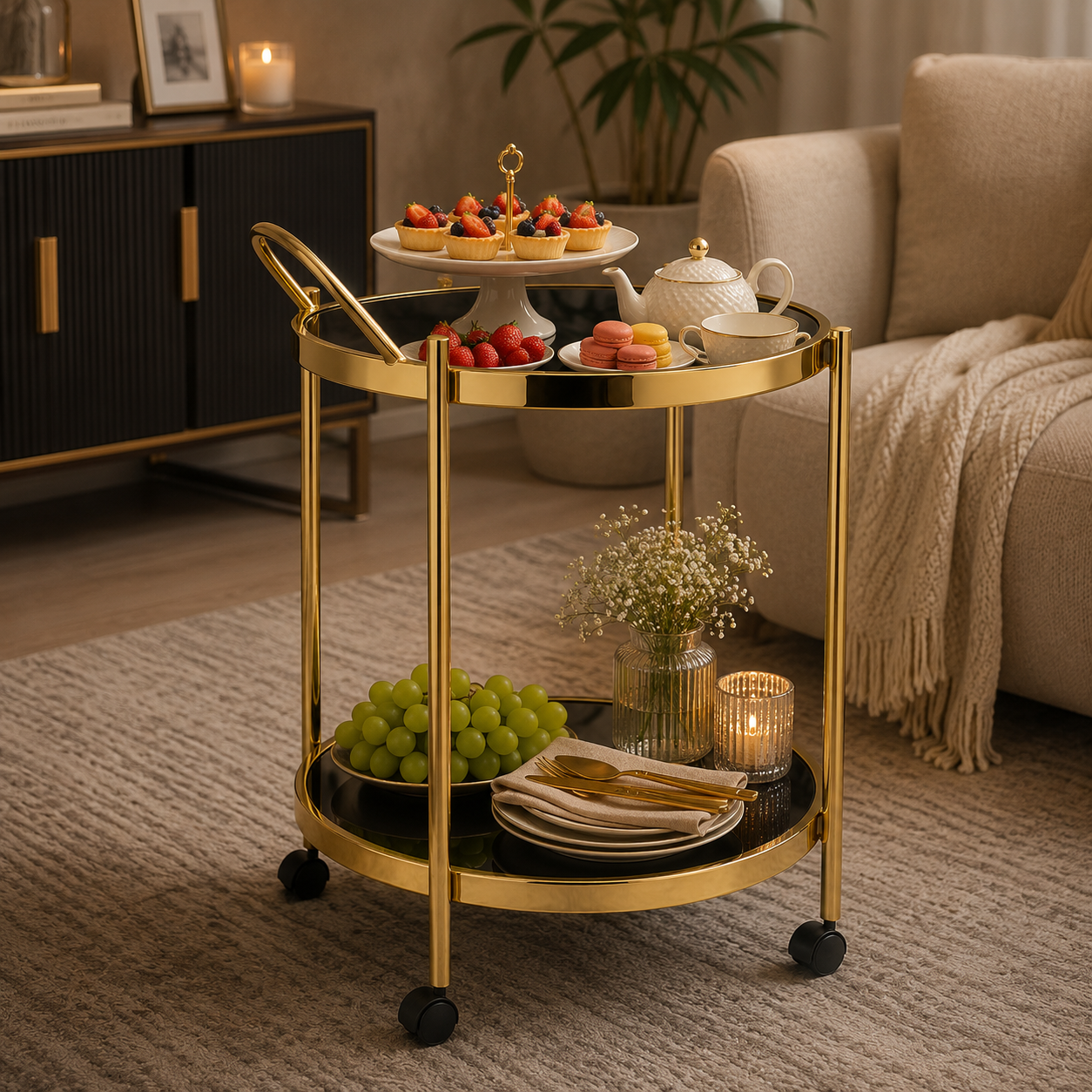 Round Gold Serving Trolley