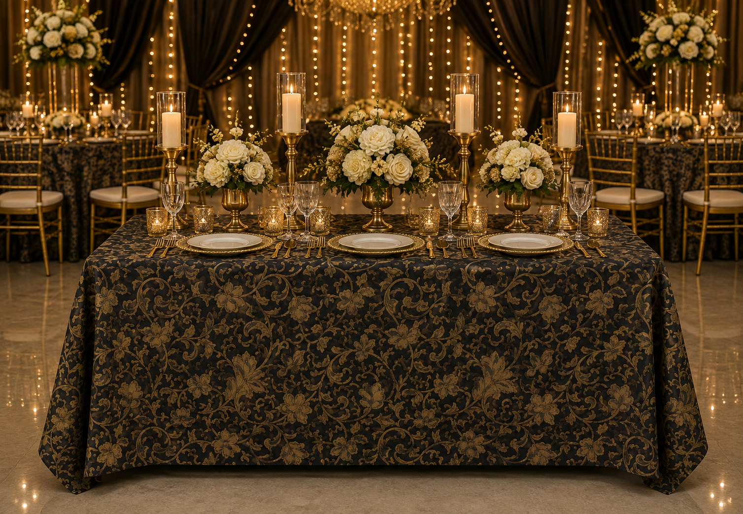 Charcoal Gold Floral Table Linen